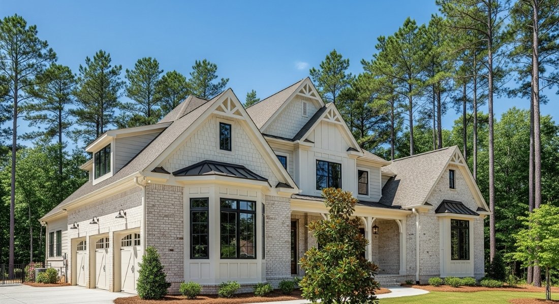 A modern farmhouse with painted-brick base, Arctic White Hardie trim, and dark Hardie siding accents on dormers and gable ends.