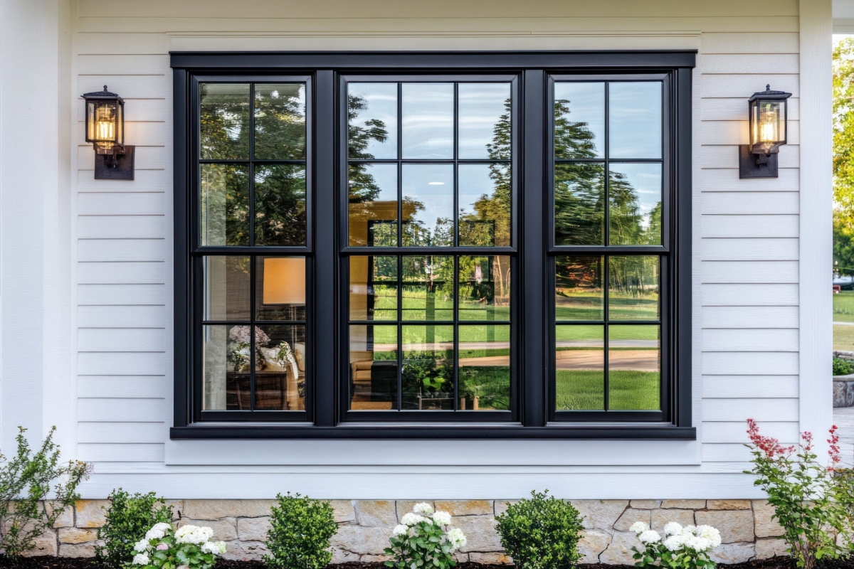 Close-up of a three-panel black-framed window with grilles on a white horizontal lap siding facade, flanked by black exterior lanterns.