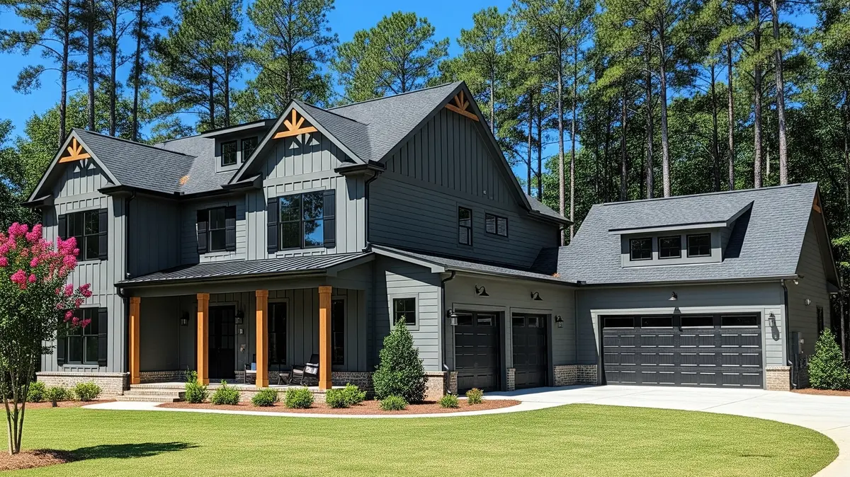 A two-story Triangle home in dark Hardie siding with board-and-batten accents, natural wood porch columns, and dark trim, set against pine trees.