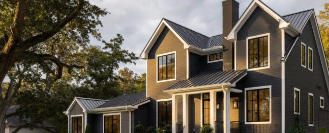 Iron Gray James Hardie siding installed on a modern Triangle farmhouse exterior